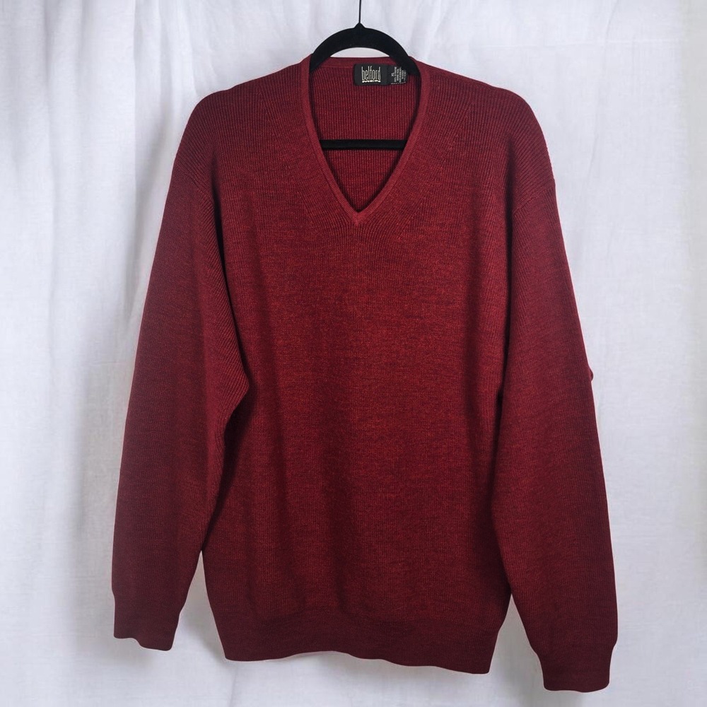 VTG Belford‎ Sweater Men Extra Large Burgundy 100% Extra Fine Merino Wool V Neck